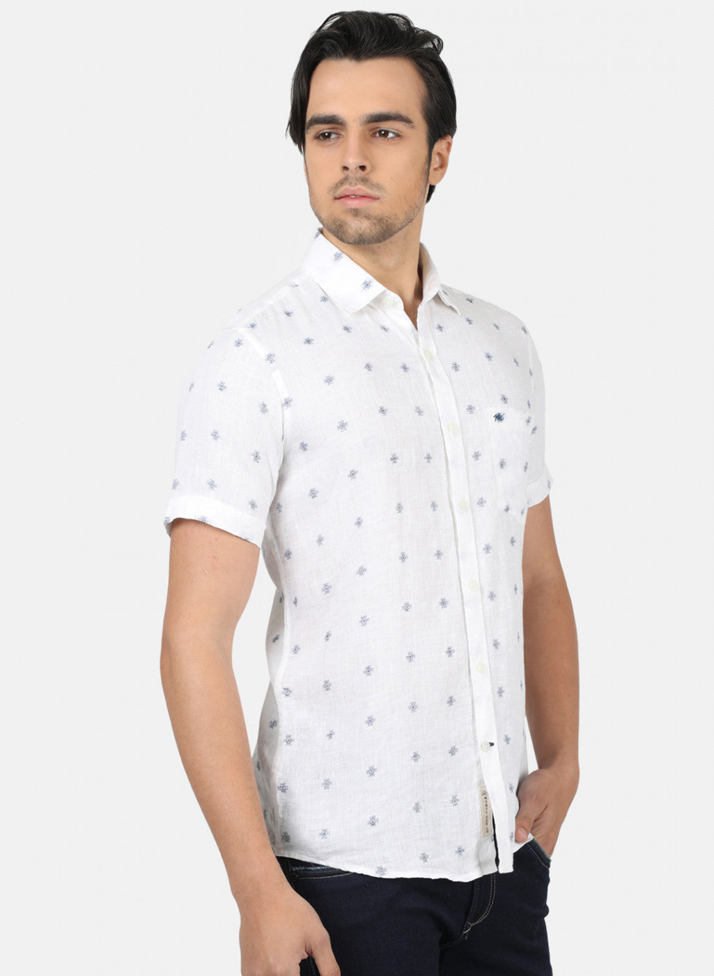 Men White Printed Linen Shirt