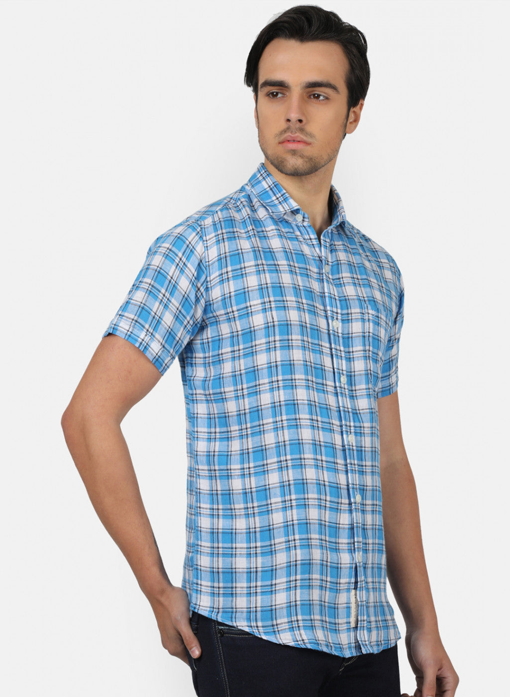 Men Blue Check Linen Shirt