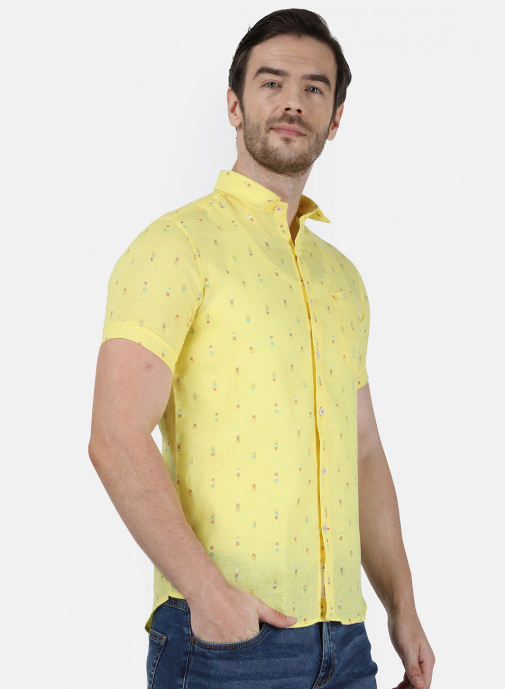 Mens Yellow Printed Linen Shirt