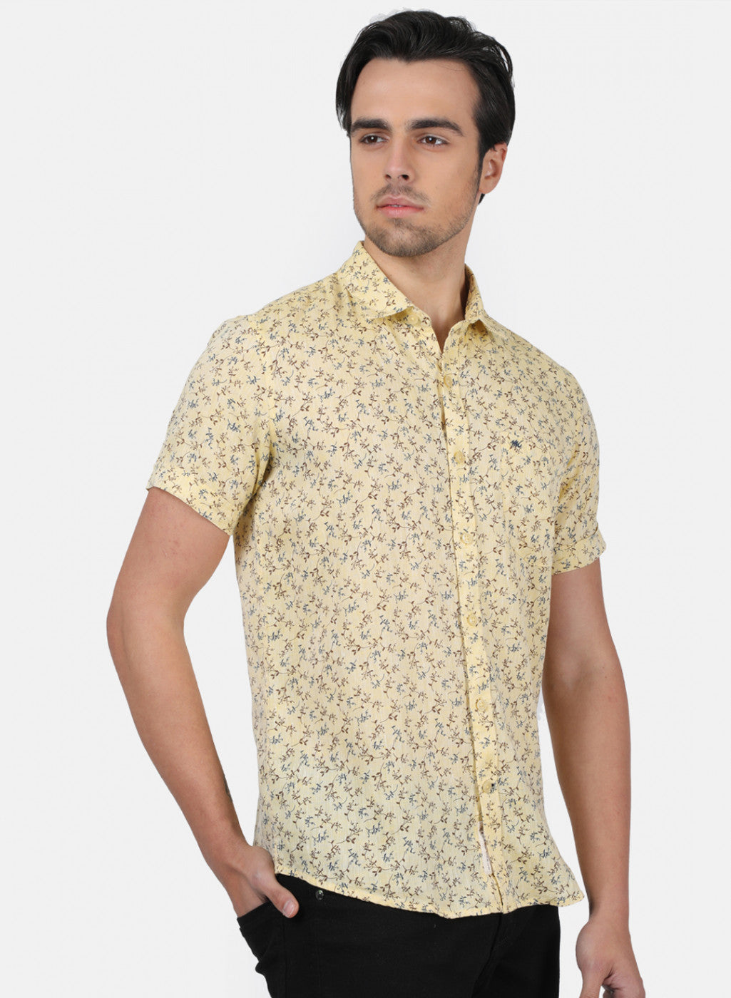 Men Mustard Printed Linen Shirt