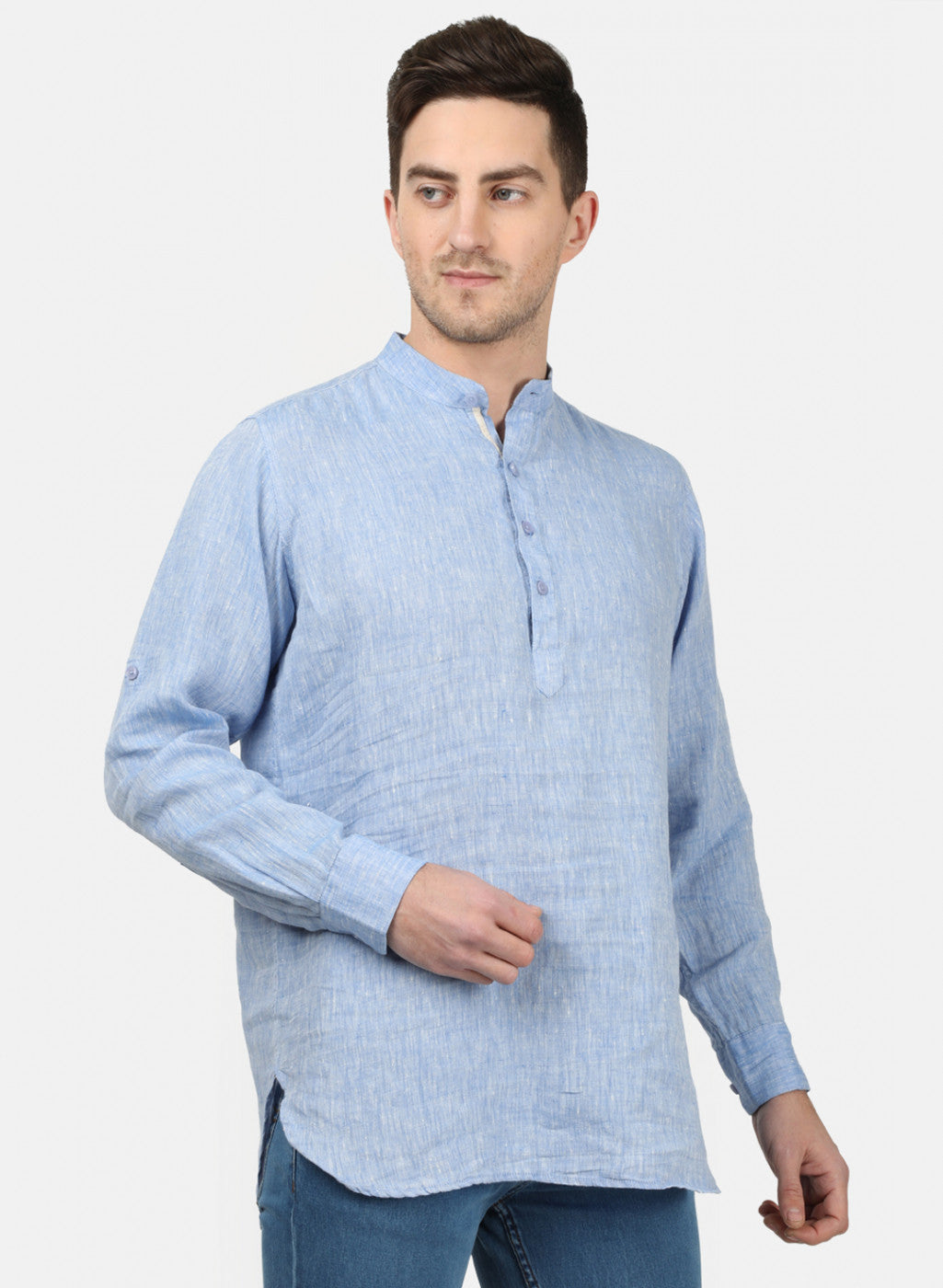 Mens Sky Blue Solid Linen Shirt
