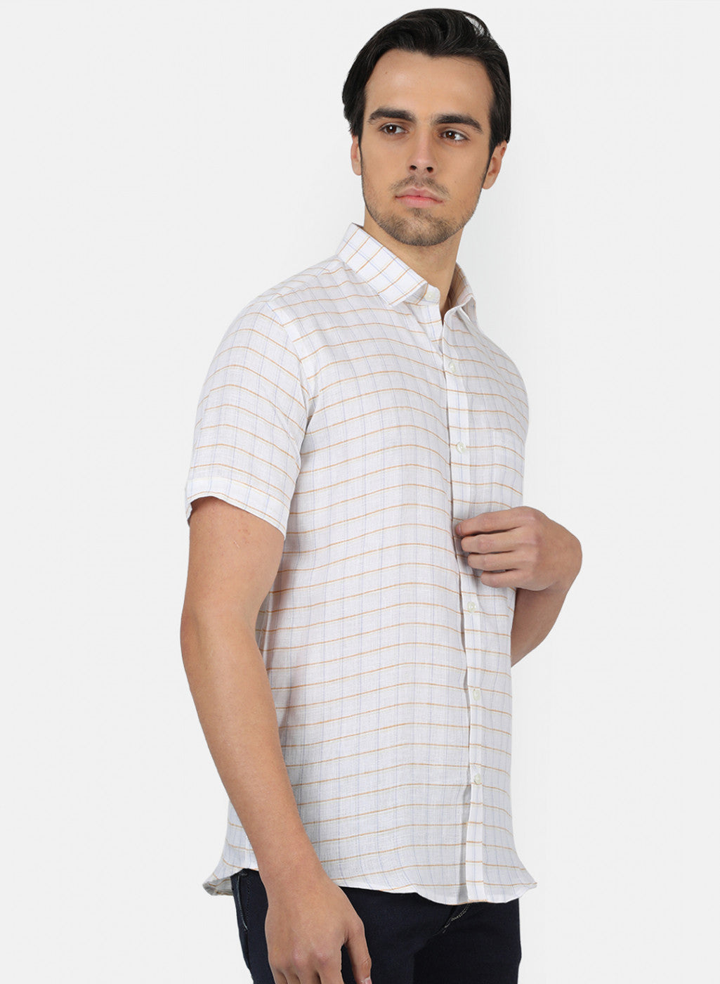 Men White Check Linen Shirt