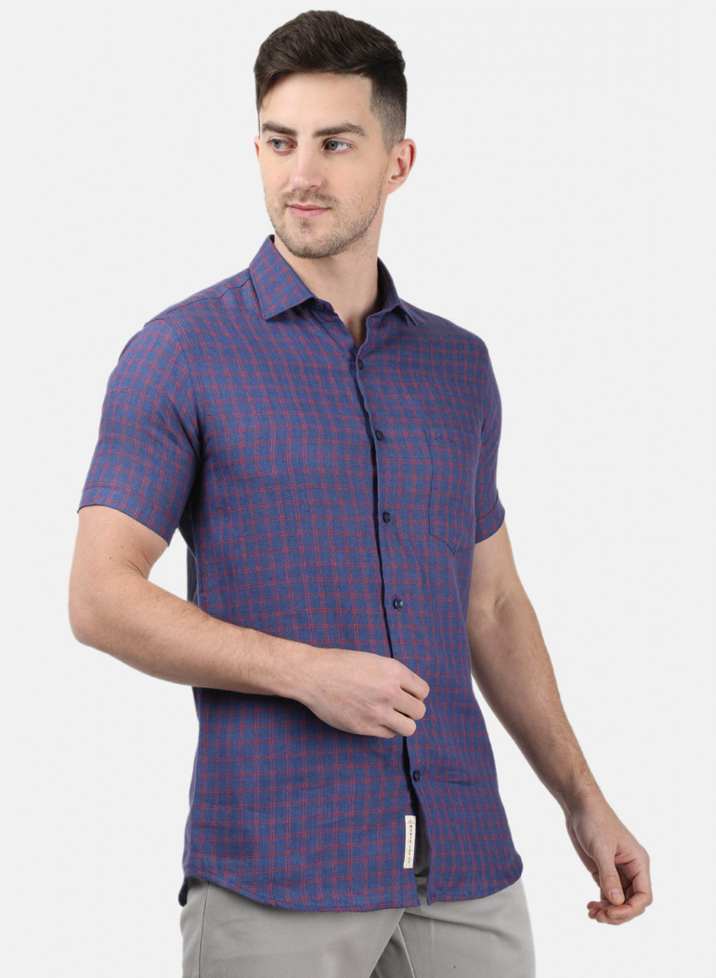 Men Blue Check Linen Shirt