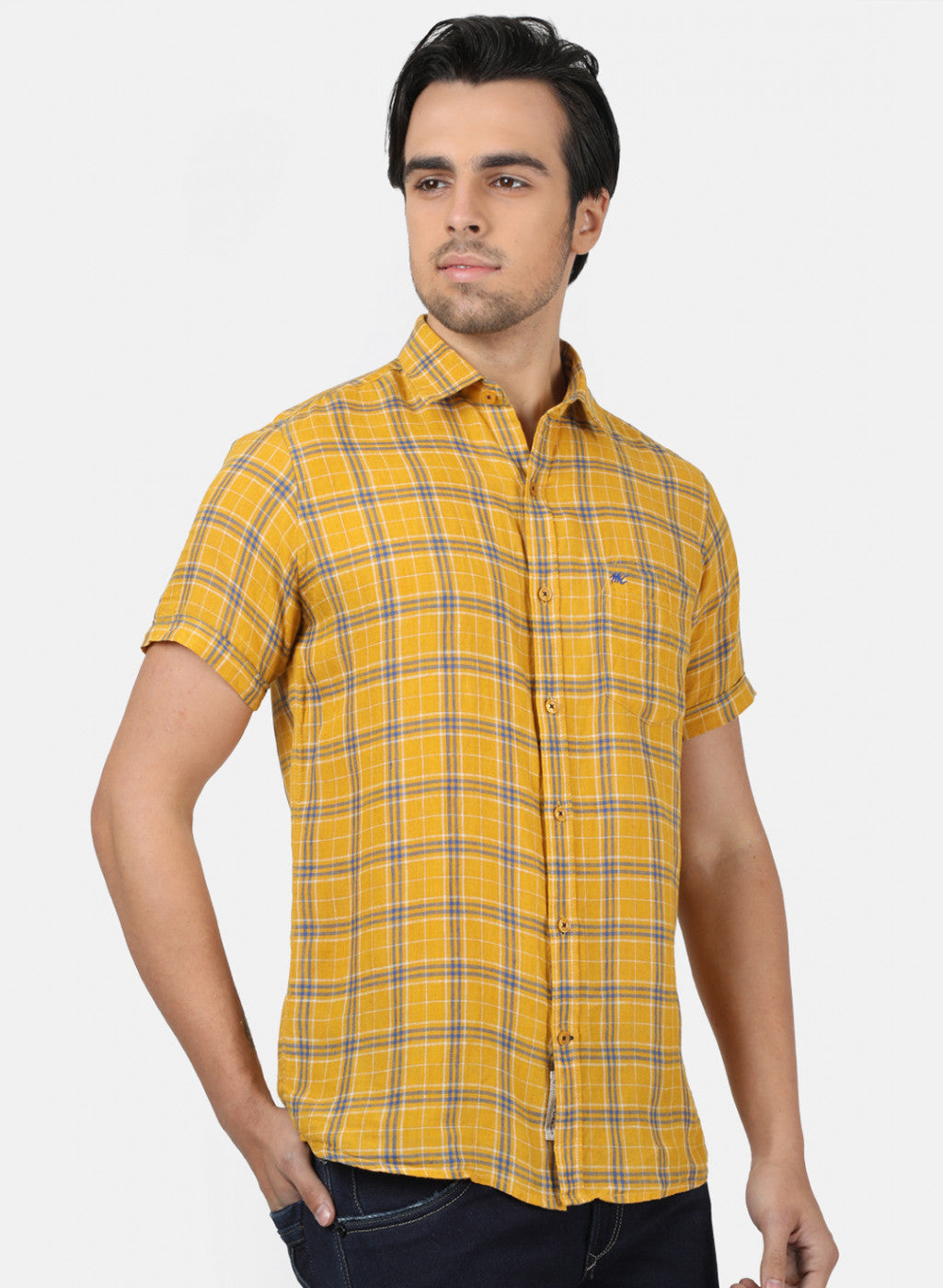 Men Mustard Check Linen Shirt