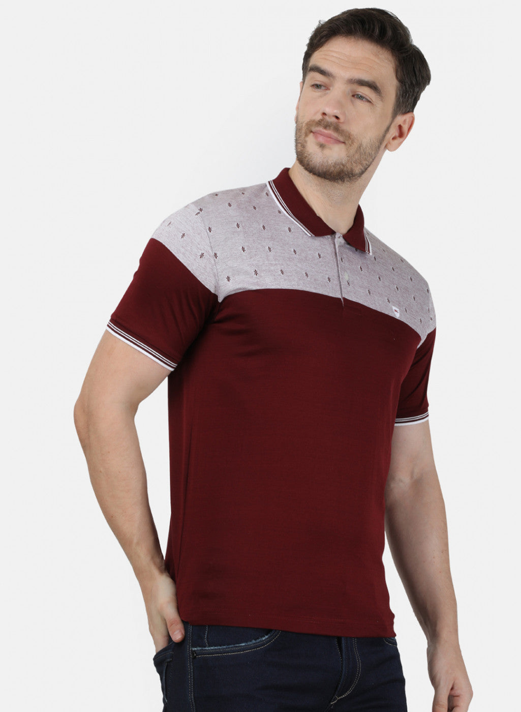 Mens Maroon Jaquard Collar T-Shirts