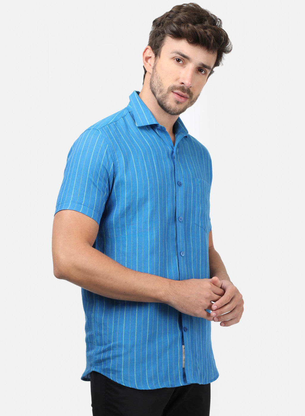 Men Blue Stripe Linen Shirt