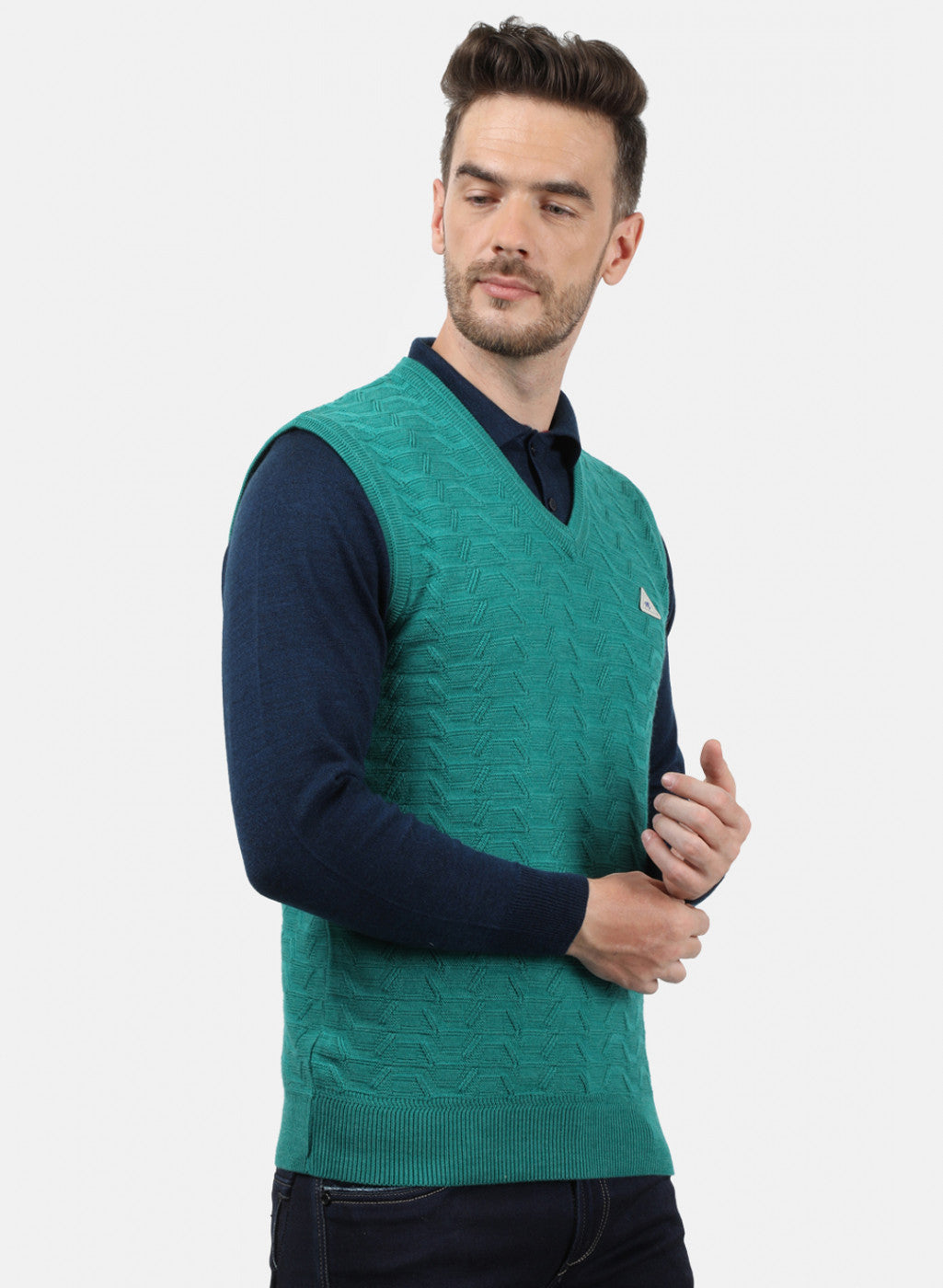 Men Blue Self Sweater