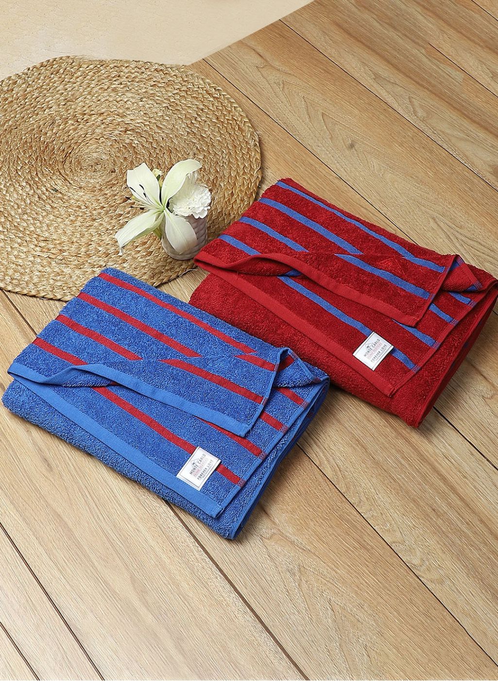 Red & Blue Cotton 525 GSM Bath Towel (Pack of 2)