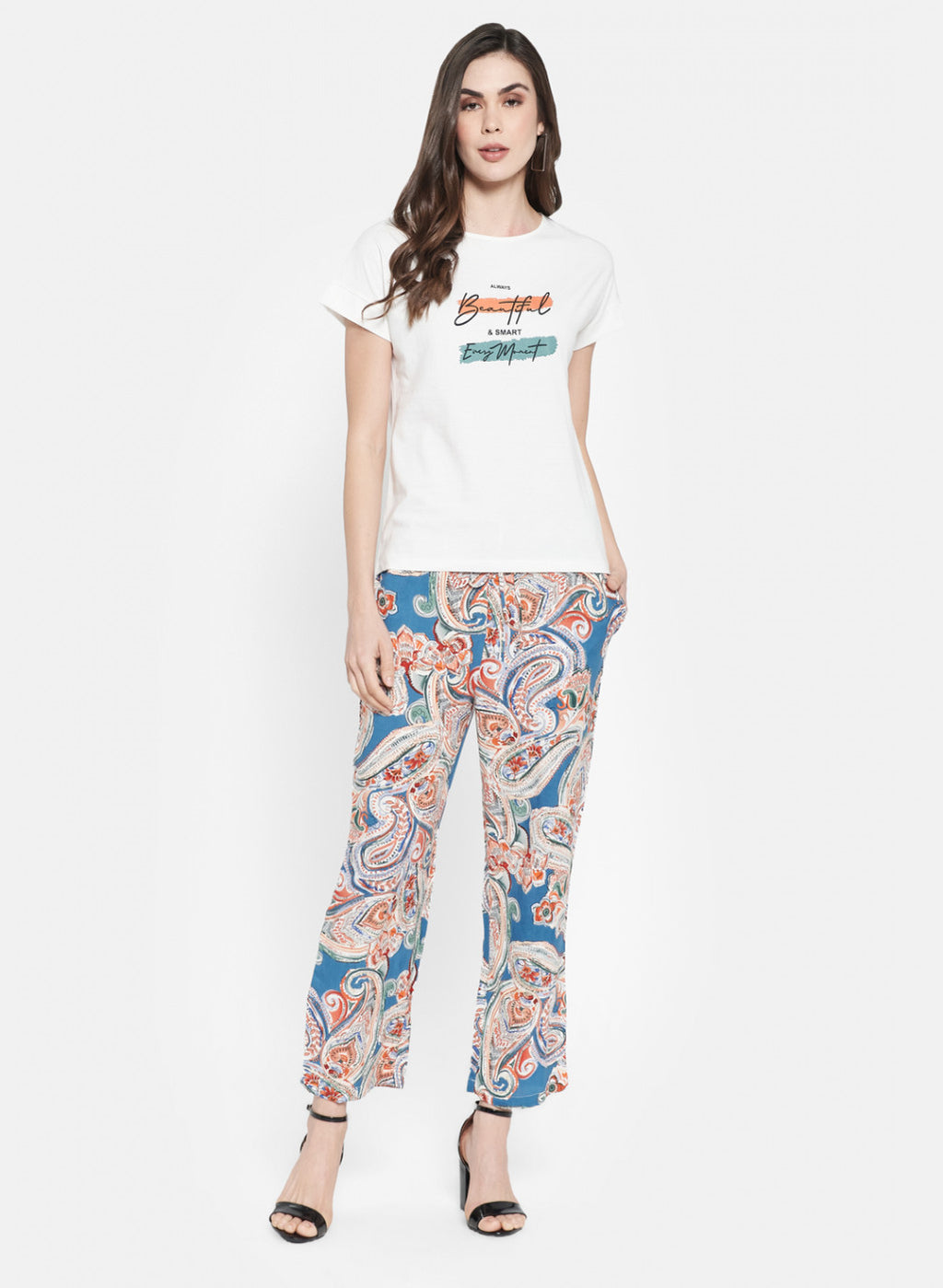 Womens Cream & Blue Printed Palazzo Set