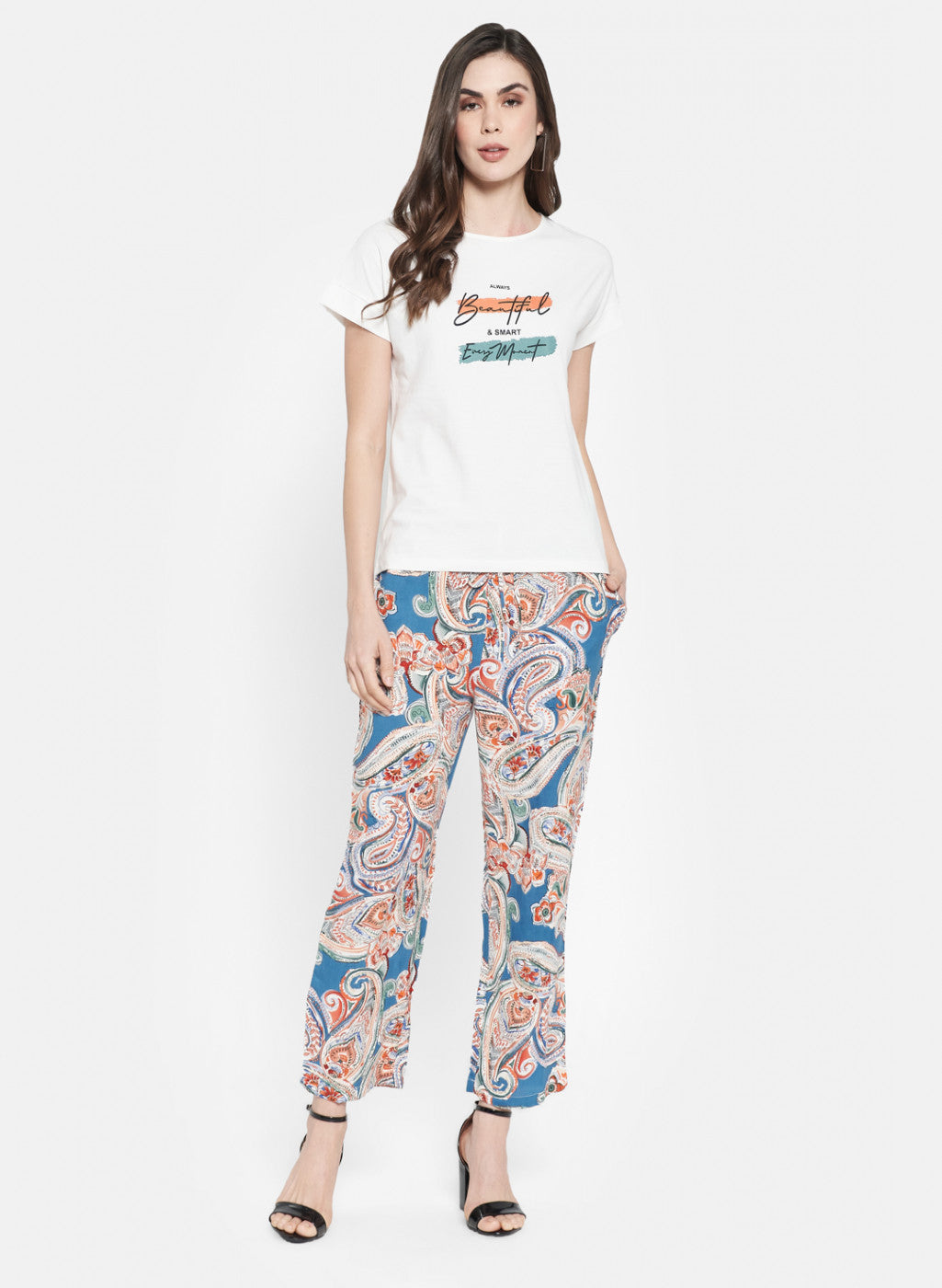 Womens Cream & Blue Printed Palazzo Set