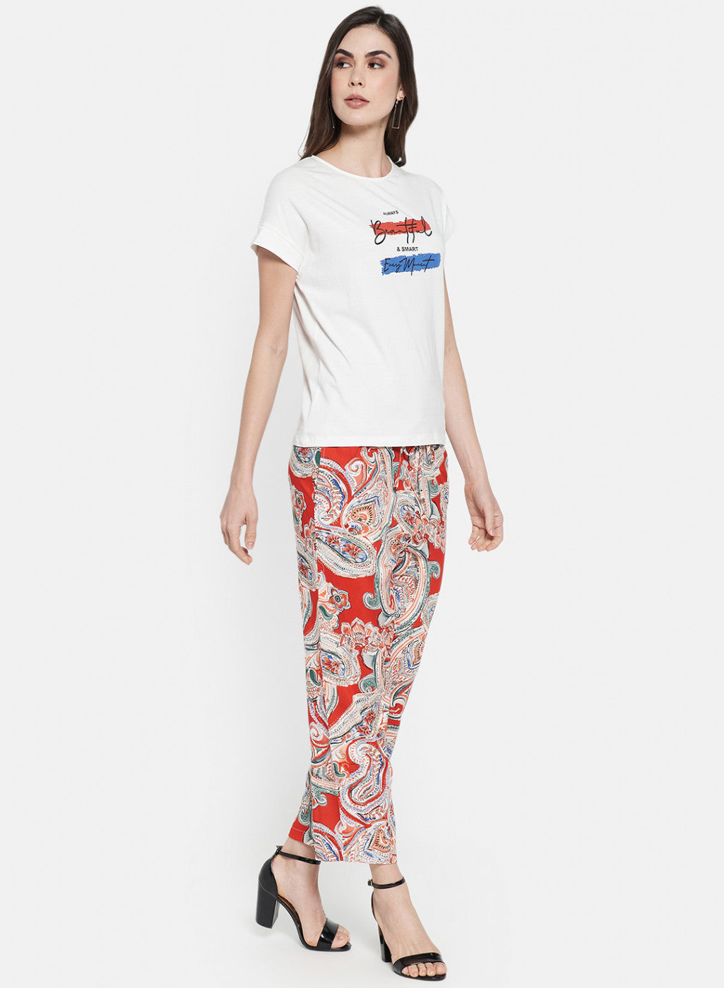 Womens Cream & Orange Printed Palazzo Set