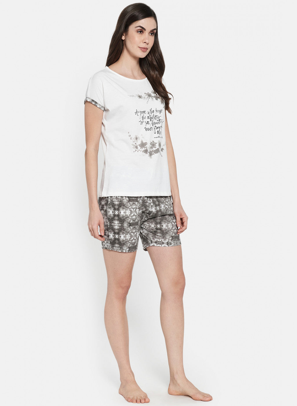 Womens Off White & Black Printed Short Set