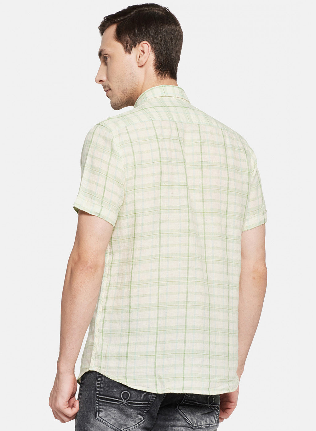 Mens Light Green Check Linen Shirt