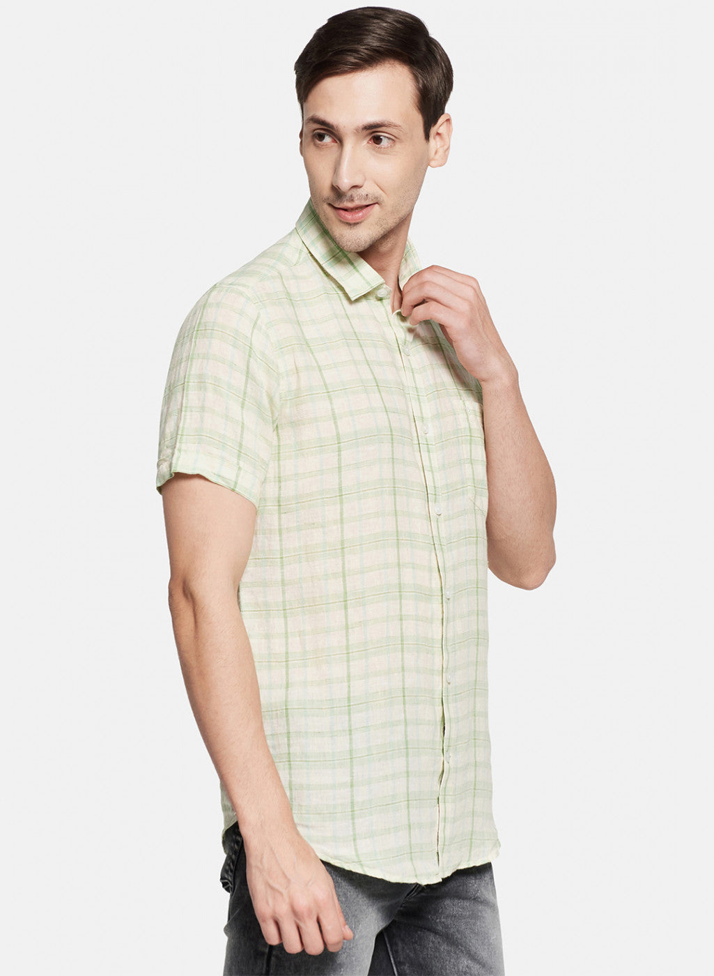Mens Light Green Check Linen Shirt