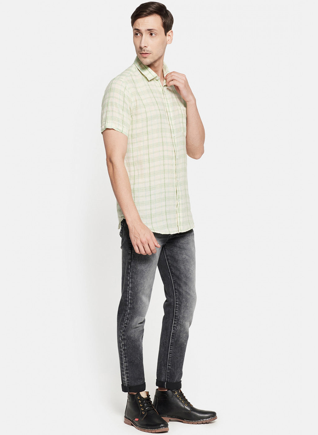 Mens Light Green Check Linen Shirt