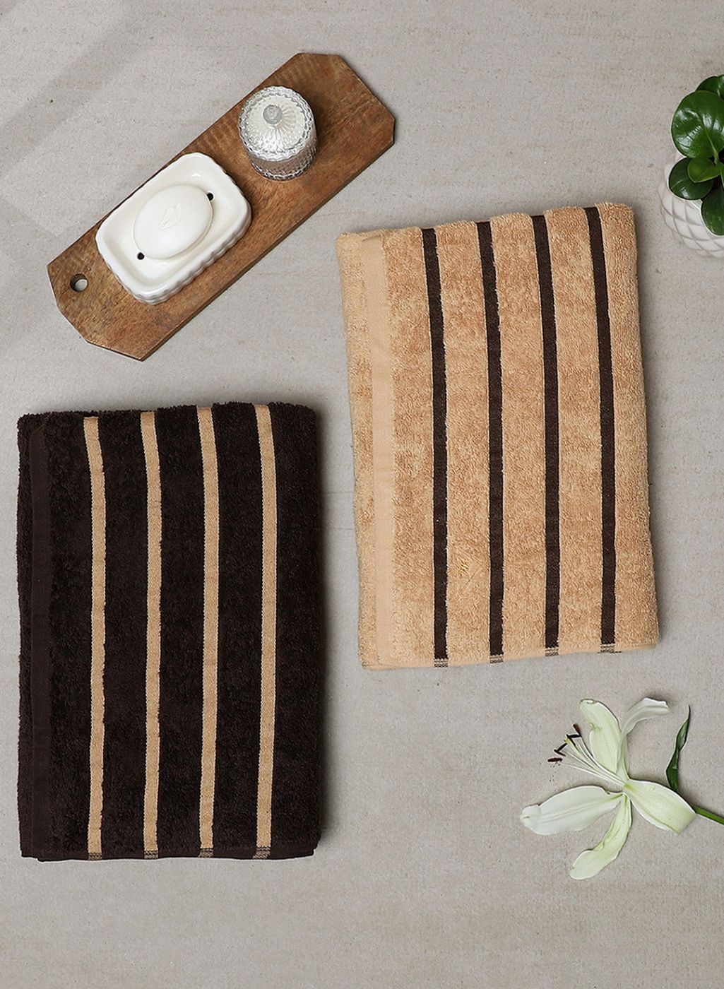 Brown & Beige Cotton 525 GSM Bath Towel (Pack of 2)