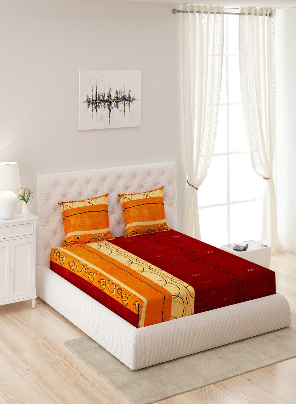 Multicolor 280 GSM Bedsheet with 2 Pillow Covers (Ruby Gold)