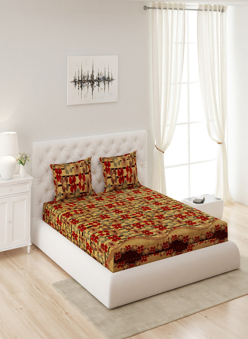 Multicolor 280 GSM Bedsheet with 2 Pillow Covers (Ruby Gold)