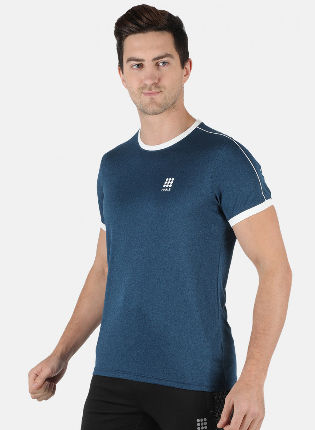 Men Royal Blue Self Design Round Neck T-Shirt