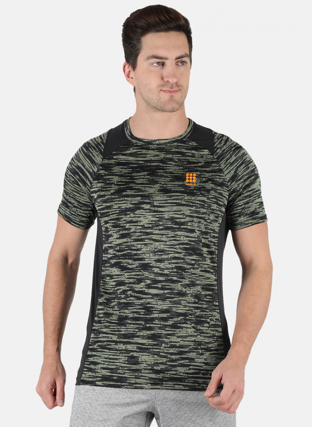 Rock.it Men Olive Self Design Round Neck T-Shirt